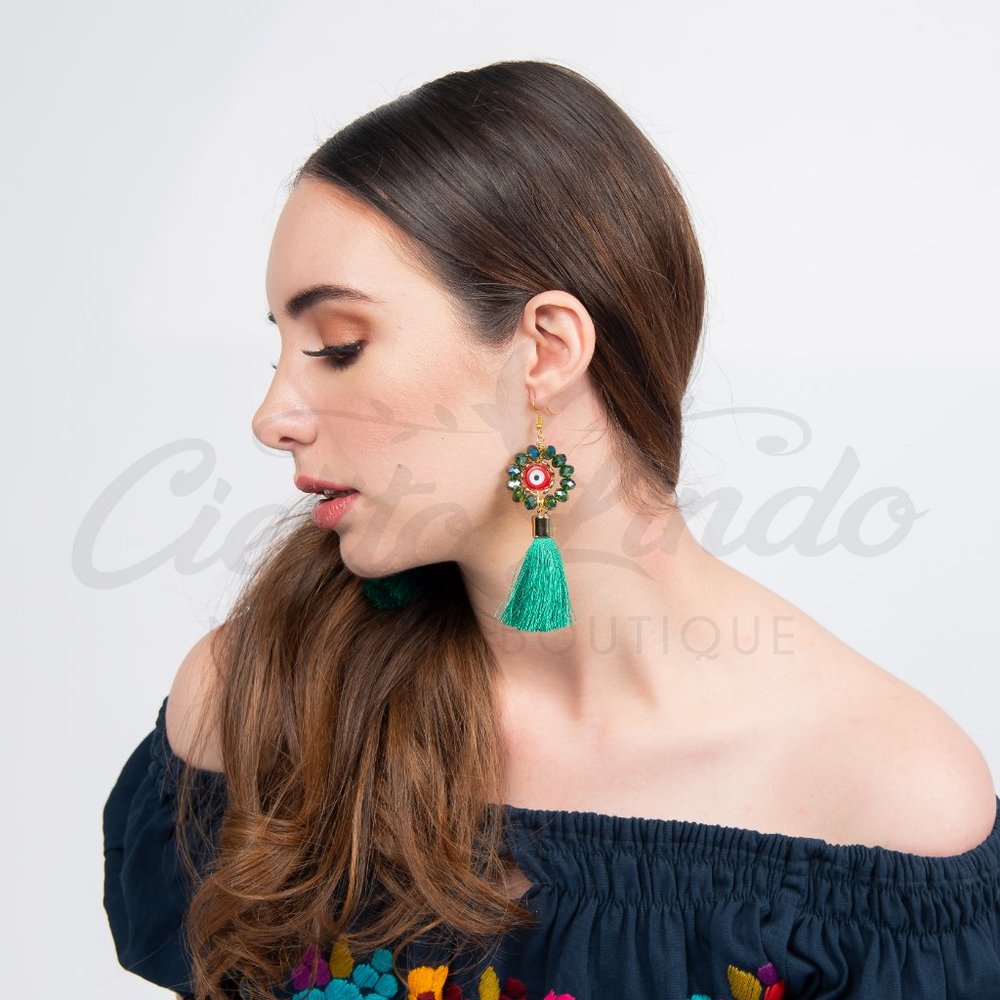 Green Evil Eye Earrings Tasseled Handmade Mexico